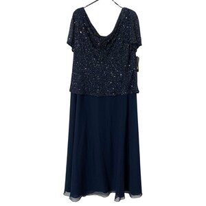 NWT J Kara Navy Blue Long Beaded Cowl Neck Flutter Sleeve Dress Women's Plus 18W